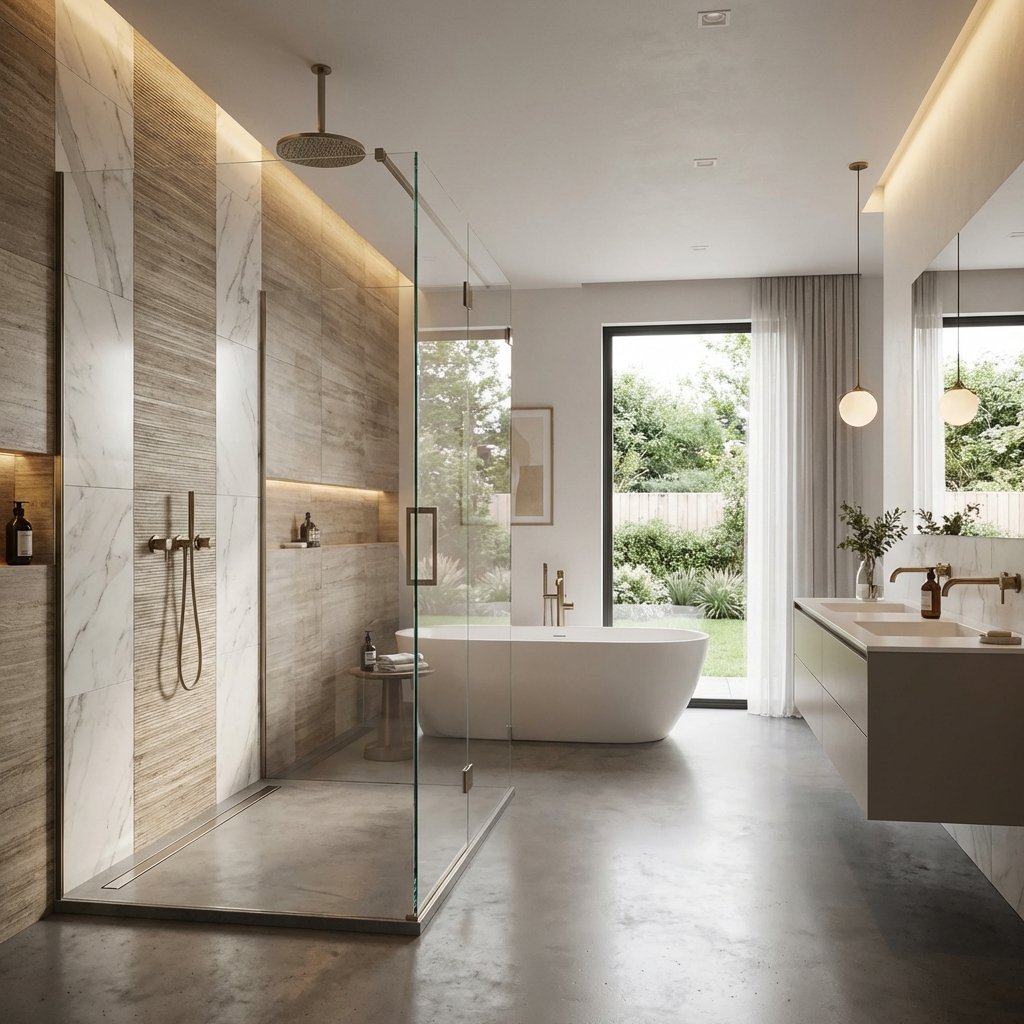 Custom bathroom renovation featuring walk-in shower and tile installation