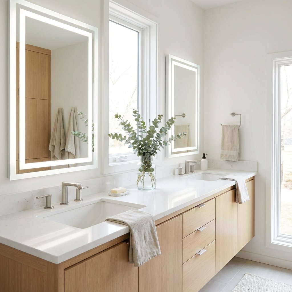 Modern double vanity with backlit mirrors